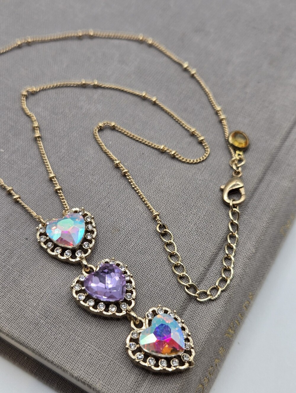 Dainty Gold Chain Rainbow Crystal Heart Necklace 18" Y2k McBling CZ Sparkles
